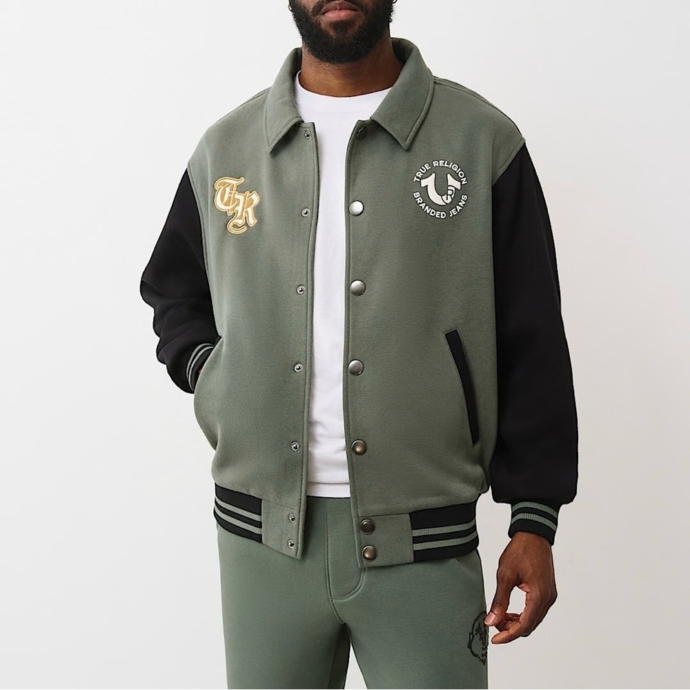 NEW True Religion Collared Patch Fleece Varsity Jacket Mens Medium M MSRP $159